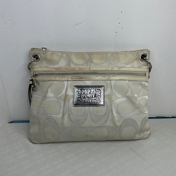 Coach Poppy medium satchel hobo Handbag M1093-17047 gray canvas metallic Accents - Picture 1 of 12